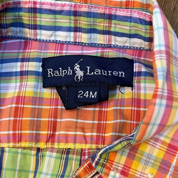 Ralph Lauren Long Sleeve Button Down Shirt 24 Months Poplin Pastel Plaid - Picture 2 of 5